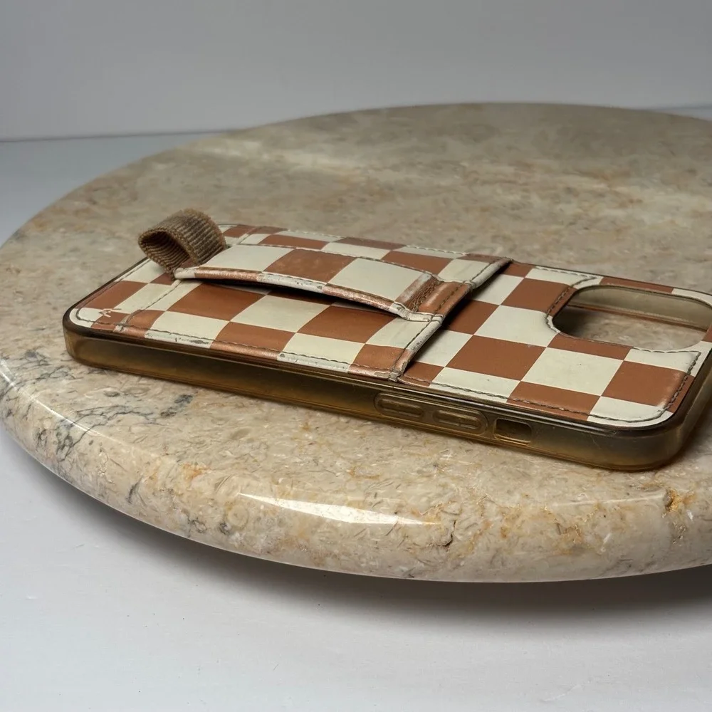 Walli iPhone‎ 12 Pro Max Case Tan Cream Checkered Strap Card Slot